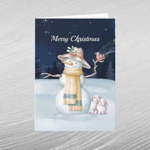 Christmas Snowman Rabbit Bird Hat Watercolor Night Holiday Card