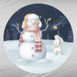 Christmas Snowman Rabbit Carrot Watercolor Classic Round Sticker<br><div class="desc">A snowman wearing ear muffs with a carrot for its nose.  Inquisitive bunny looking at carrot.</div>