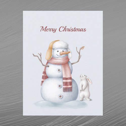 Christmas Snowman Rabbit Carrot Watercolor Holiday Postcard