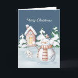 Christmas Snowman Rabbit Trees Snowball Watercolor Holiday Card<br><div class="desc">A snowman with snowballs,  cringing rabbit,  house,  and snow covered pine trees.</div>