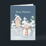 Christmas Snowman Rabbit Trees Snowball Watercolor Holiday Card<br><div class="desc">A snowman with snowballs,  cringing rabbit,  house,  and snow covered pine trees.</div>