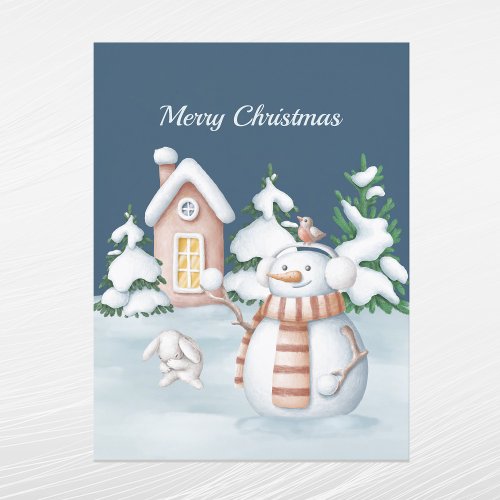 Christmas Snowman Rabbit Trees Snowball Watercolor Holiday Postcard