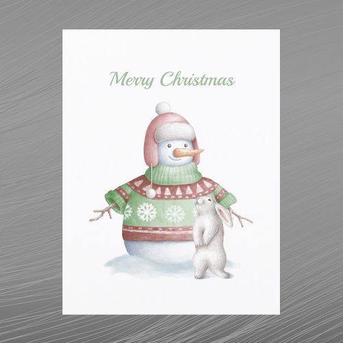Christmas Snowman Rabbit Watercolor Holiday Postcard