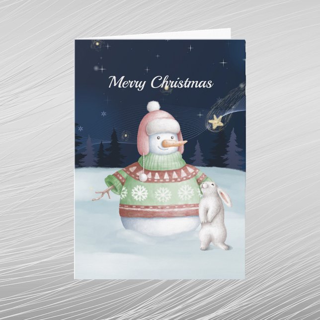 Christmas Snowman Rabbit Watercolor Night Holiday Card (Creator Uploaded)