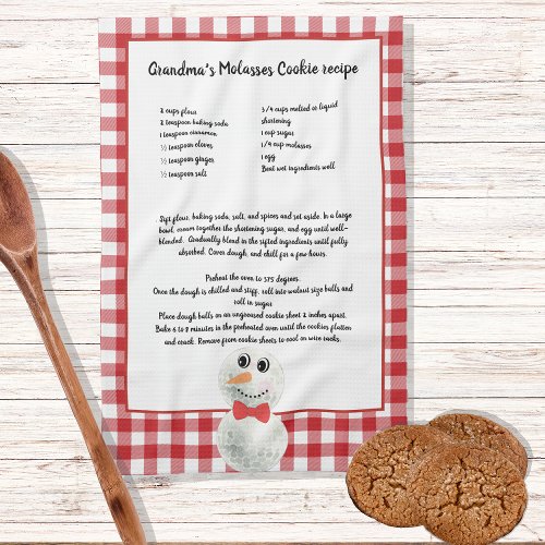 Christmas Snowman  Recipe keepsake Red Plaid Kitchen Towel