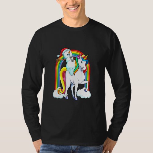 Christmas Snowman Riding Unicorn Magical Rainbow G T_Shirt