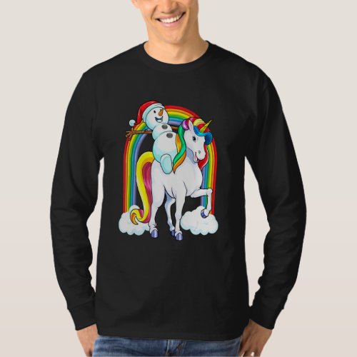 Christmas Snowman Riding Unicorn Magical Rainbow G T_Shirt