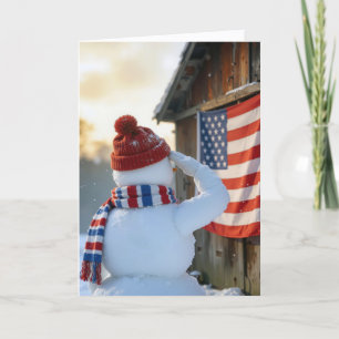 Christmas Snowman Saluting an American Flag Card