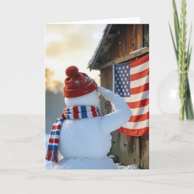 Christmas Snowman Saluting an American Flag Card (Front)