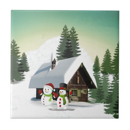 Christmas Snowman Scene Ceramic Tile