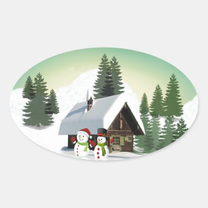 Christmas Snowman Scene Oval Sticker