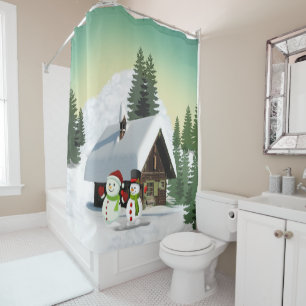 Christmas Snowman Scene Shower Curtain