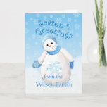 Christmas Snowman Season's Greeting Card<br><div class="desc">Cute little snowman in a flurry of pretty snowflakes give a special touch to this holiday greeting card design.  Template includes a place for name on front and verse inside card.   Original art and design by Anura Design Studio.</div>