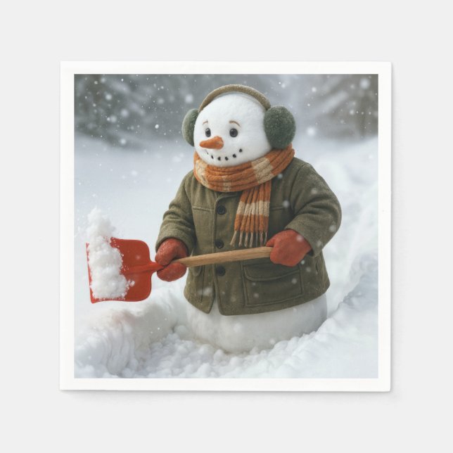 Christmas Snowman Shoveling Snow Napkins (Front)