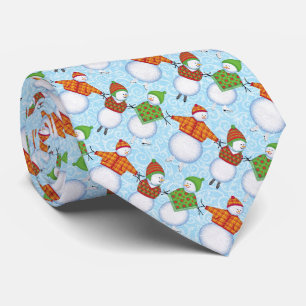 Christmas Snowman Skating on Blue Damask Neck Tie