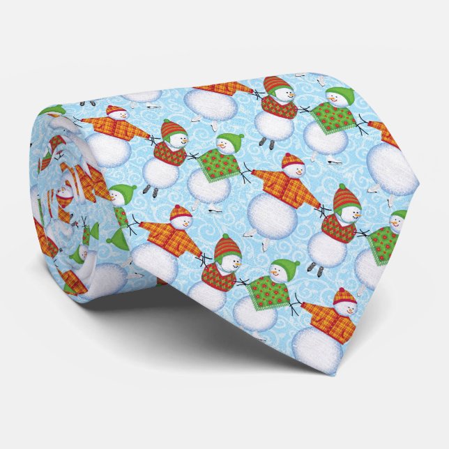 Christmas Snowman Skating on Blue Damask Neck Tie (Rolled)