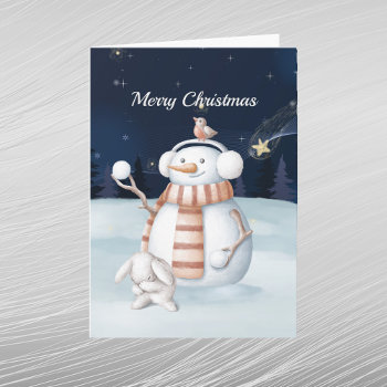 Christmas Snowman Snowballs Rabbit Night Sky Holiday Card by Strawflower at Zazzle