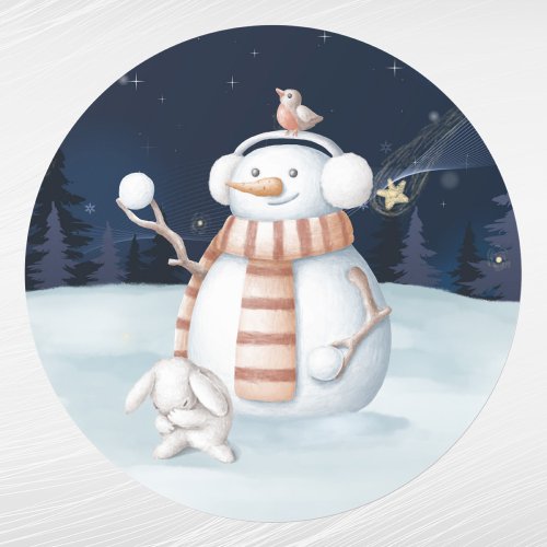 Christmas Snowman Snowballs Rabbit Watercolor Classic Round Sticker