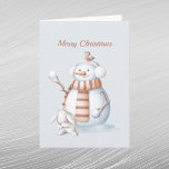 Christmas Snowman Snowballs Rabbit Watercolor Holiday Card<br><div class="desc">A snowman holding snowballs and a ducking rabbit.</div>