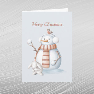 Christmas Snowman Snowballs Rabbit Watercolor Holiday Card