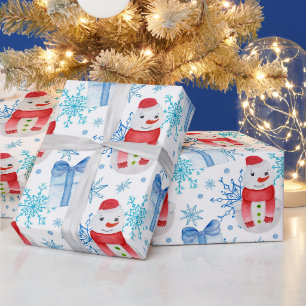 Christmas Snowman, Snowflakes and Gift Boxes Wrapping Paper