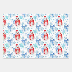 Christmas Snowman, Snowflakes and Gift Boxes Wrapping Paper Sheets