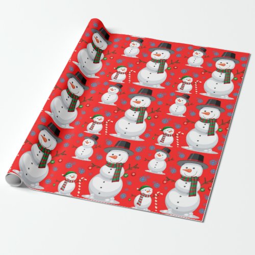 Christmas Snowman Snowflakes Candy Cane Red Wrapping Paper