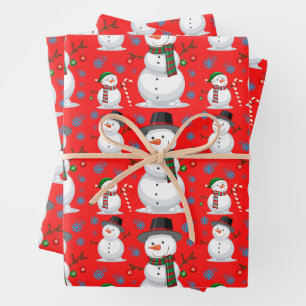 Christmas Snowman, Snowflakes, Candy Cane Red Wrapping Paper Sheets