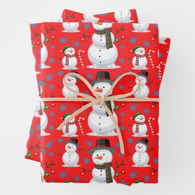 Christmas Snowman, Snowflakes, Candy Cane Red Wrapping Paper Sheets (In situ)