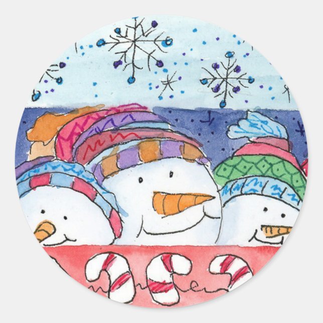 Christmas Snowman Snowflakes Candy Canes Classic Round Sticker (Front)