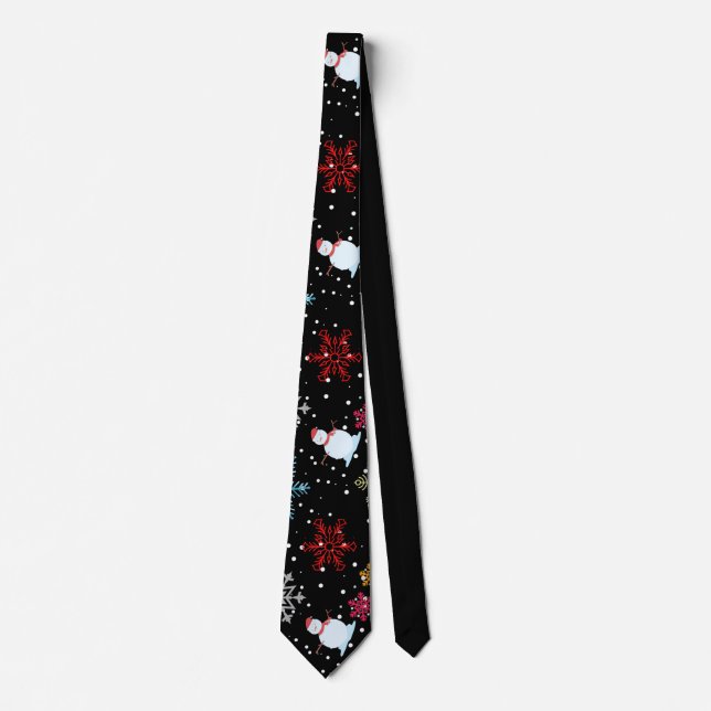 Christmas Snowman Snowflakes Red Black Holiday Neck Tie (Front)