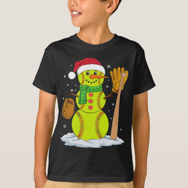 Christmas Snowman Softball Pitcher Boys Kids Teens T-Shirt (Front)