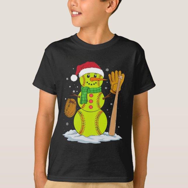 Christmas Snowman Softbyll Pitcher Boys Kids Teens T-Shirt (Front)