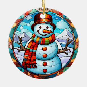 Christmas snowman stained glass style ceramic ornament