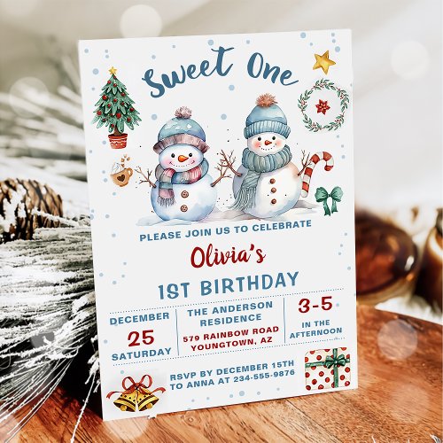 Christmas Snowman Sweet One Holiday 1st Birthday Invitation