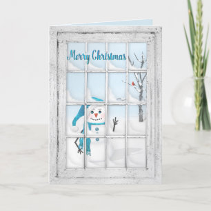CHRISTMAS - SNOWMAN THROUGH OLD WINDOW PANES HOLIDAY CARD