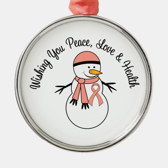 Christmas Snowman Uterine Cancer Ribbon Metal Ornament (Front)