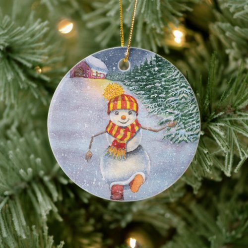 Christmas snowman walking ceramic ornament
