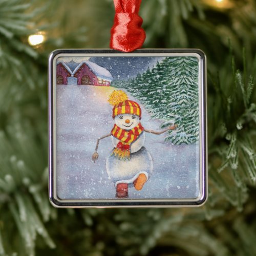 Christmas snowman walking metal ornament