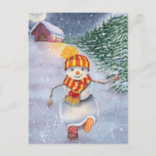 Christmas snowman walking postcard