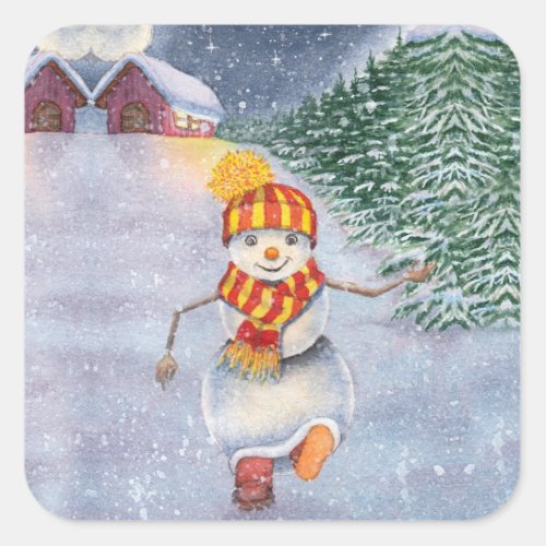Christmas snowman walking square sticker
