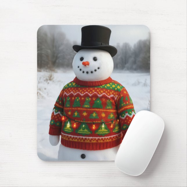 Christmas Snowman Wearing an Ugly Sweater Mouse Pad (With Mouse)