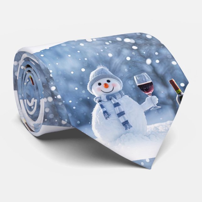 Christmas Snowman Wine Holiday Cute Neck Tie (Rolled)