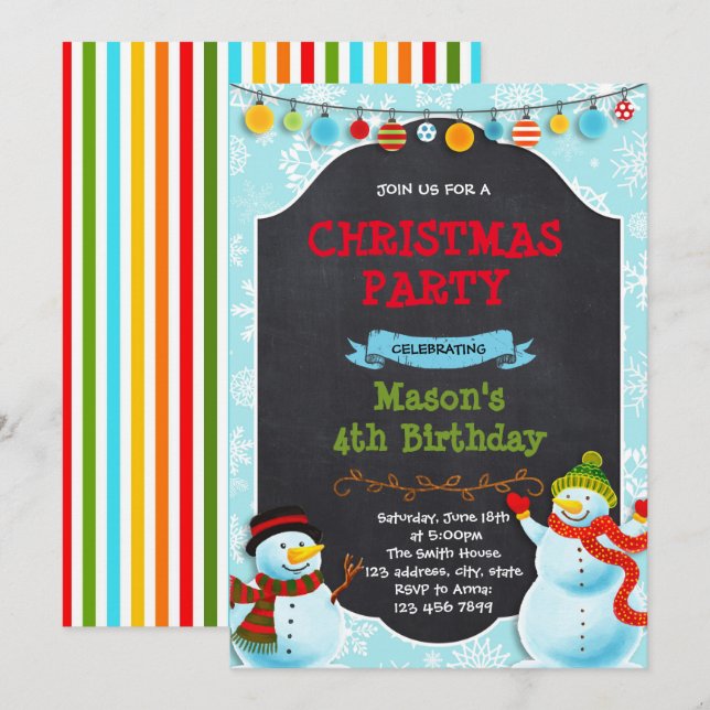 Christmas snowman winter birthday invitation (Front/Back)