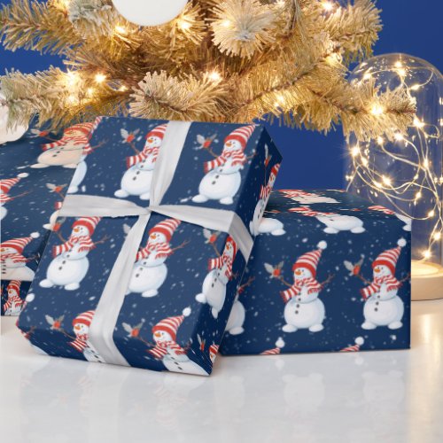 Christmas Snowman with Bird on Blue  Wrapping Paper