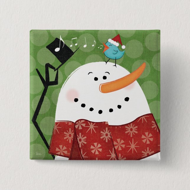 Christmas Snowman with Bird Pinback Button (Front)
