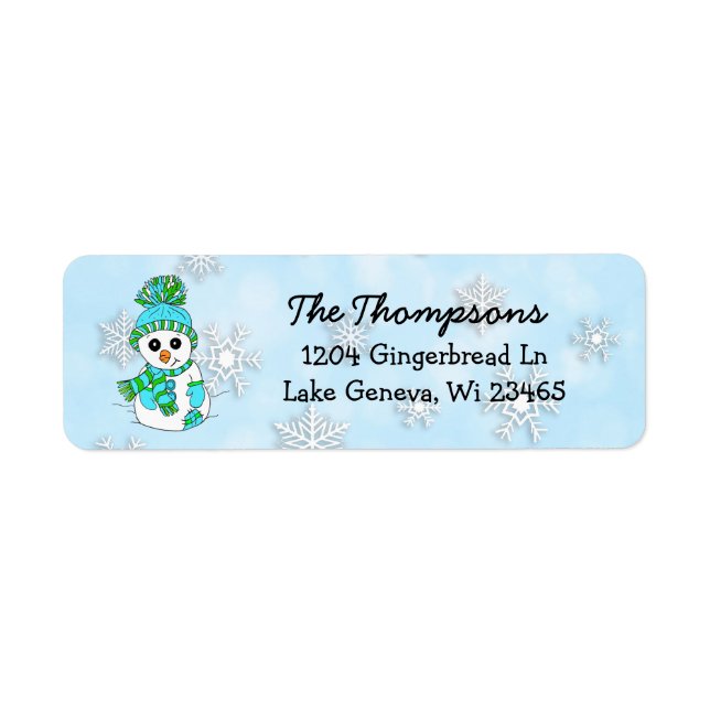Christmas Snowman with blue Snowflake Background Label (Front)