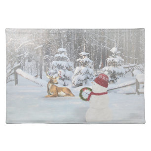 Christmas snowman with deer cloth placemat