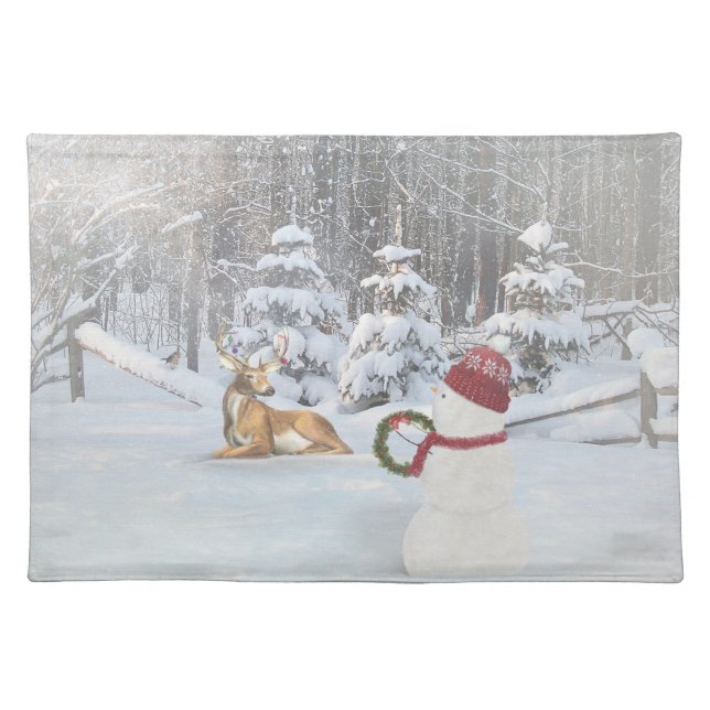 Christmas snowman with deer cloth placemat (Front)