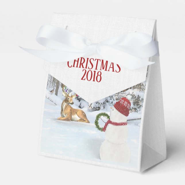 Christmas snowman with deer in winter woods favor boxes (Front Side)